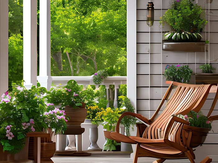 Front porch area with potted plants and wooden rocking chair.